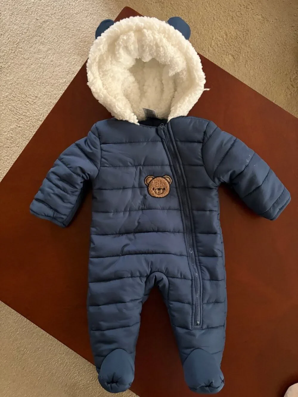 Little Lad Baby Snowsuit Size 0-3 Months Blue Puffer Hooded Front Zip